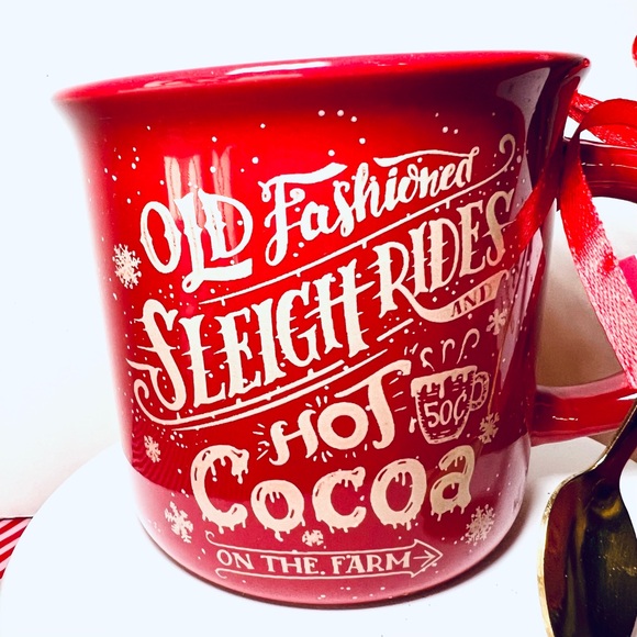 Christmas Sleigh Rides Hot Cocoa Red Camper Mug & Gold Metal Gingerbread Spoon - Picture 3 of 9